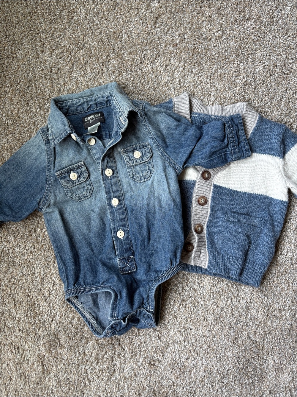 OshKosh Denim Onesie + Blue Striped Knit Cardigan Set